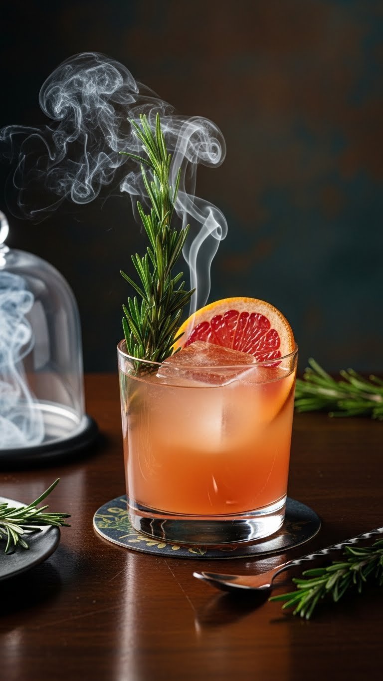 Sophisticated Smoked Rosemary Paloma mocktail with charred rosemary sprig and grapefruit garnish on dark wooden table
