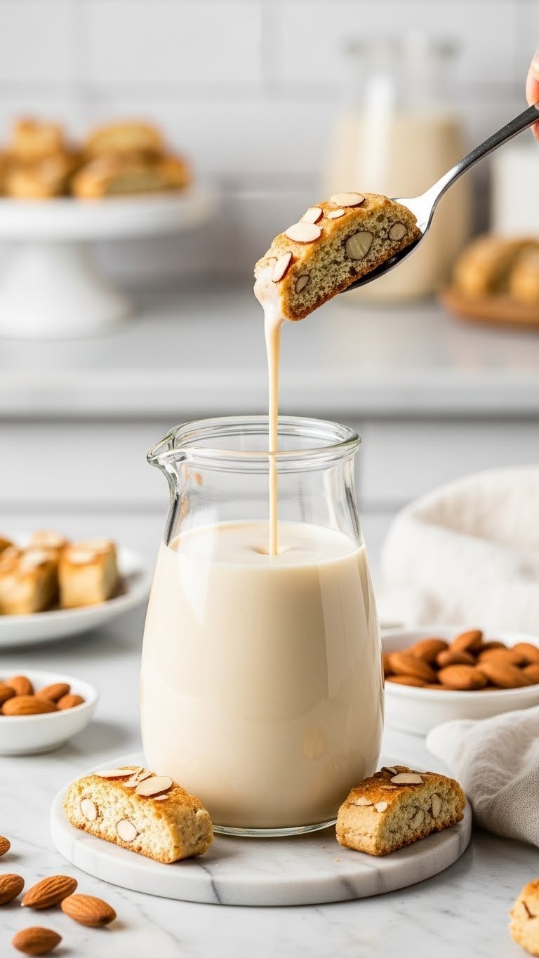 Sophisticated almond biscotti coffee creamer in glass dispenser with biscotti arranged on marble surface