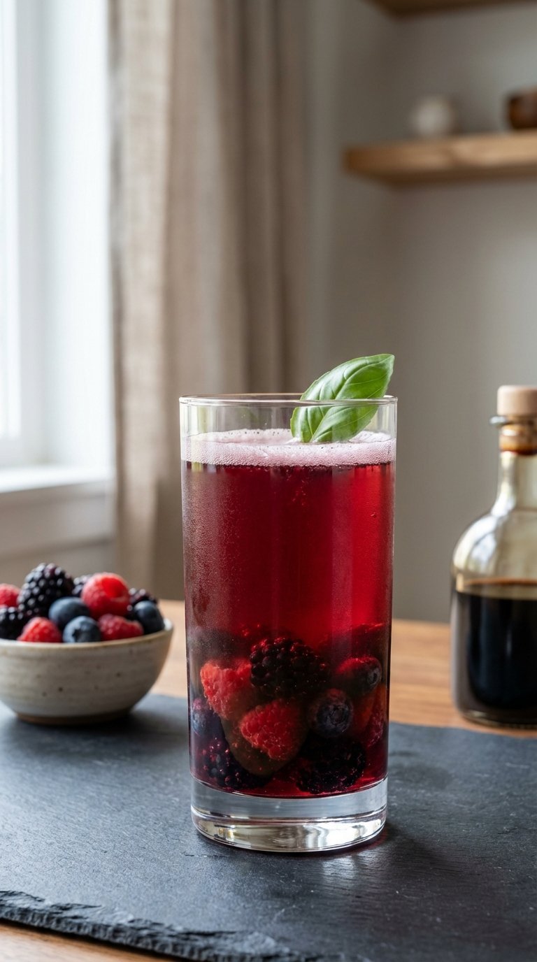 Ultimate BBQ Drink Ideas: 9 Proven Non-Alcoholic Recipes 11 Sophisticated berry balsamic shrub soda in highball glass with basil garnish on dark slate