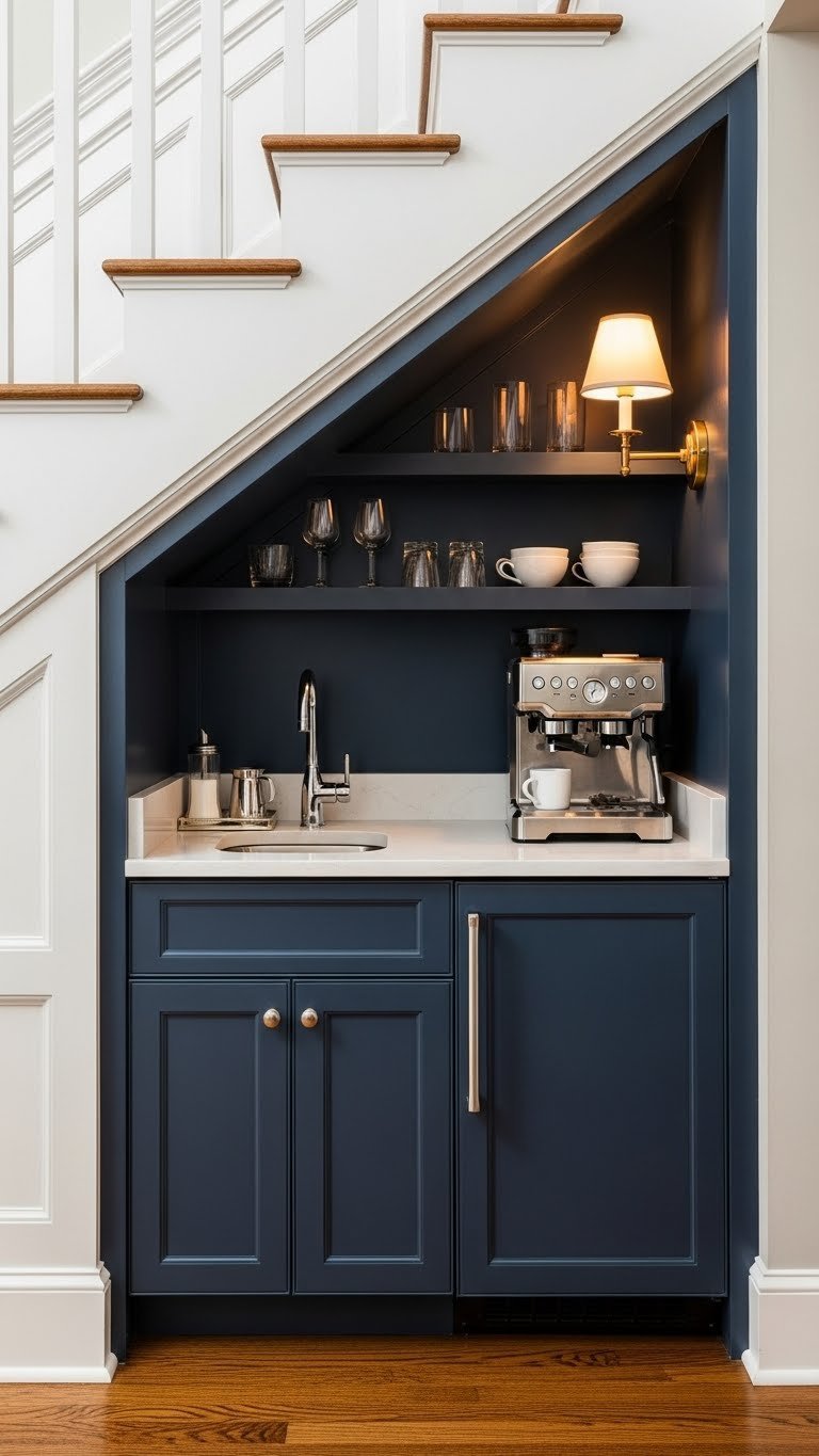 Sophisticated built-in coffee bar under white staircase featuring navy blue cabinetry, quartz countertop, and espresso machine.