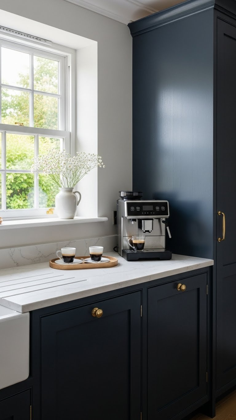 Sophisticated built-in coffee bar with navy blue cabinets, quartz countertop, and built-in coffee machine under window.