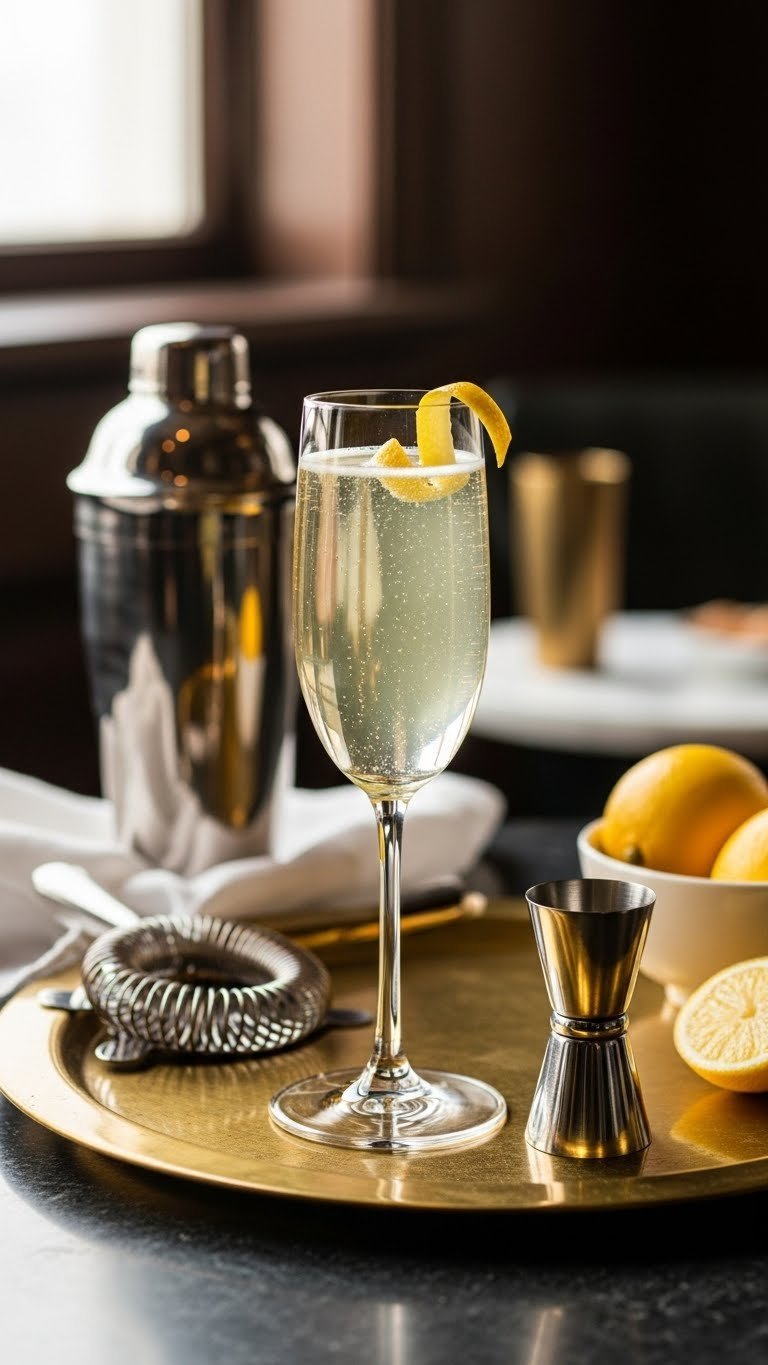 Sophisticated champagne flute filled with sparkling French 75 cocktail garnished with twisted lemon peel on polished brass cocktail tray.