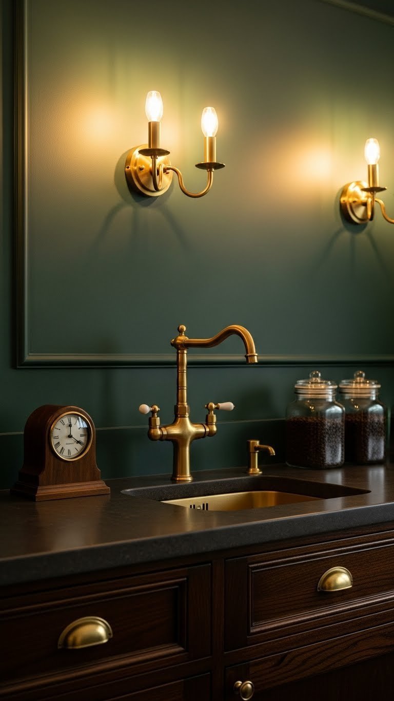 Sophisticated coffee station with brass wall sconces, polished faucet, and dark wooden cabinetry against deep green walls