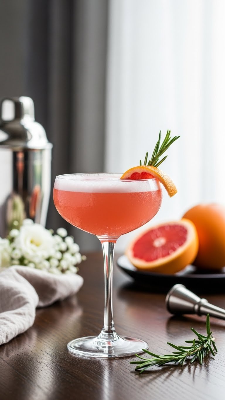 Sophisticated coupe glass with elegant pink grapefruit mocktail featuring foam topping, grapefruit peel garnish, and rosemary sprig