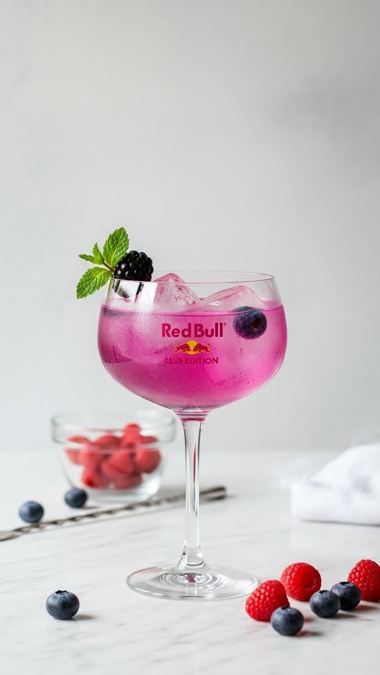 Sophisticated gin and berry Red Bull cocktail in stemmed glass with fresh berries on polished marble countertop