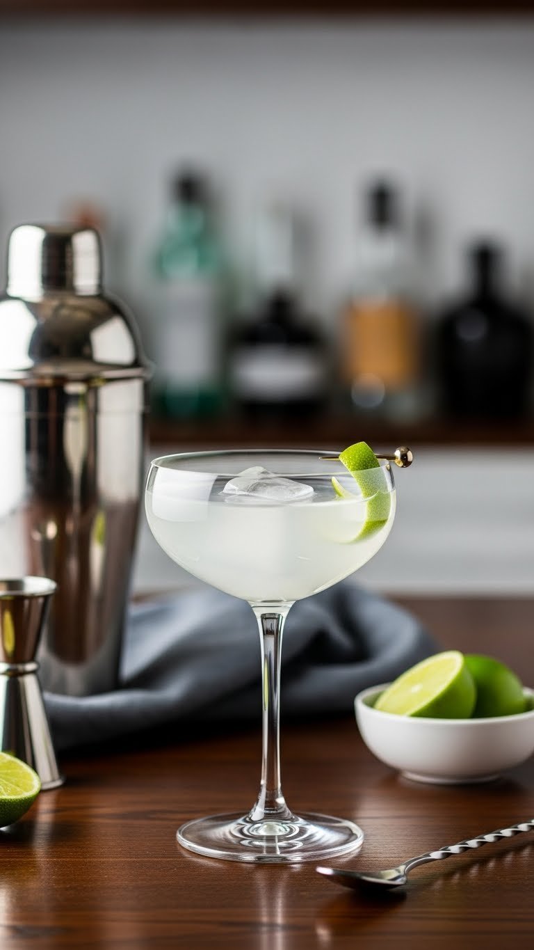 Sophisticated gin gimlet cocktail in chilled coupe glass with elegant lime twist garnish on polished wood
