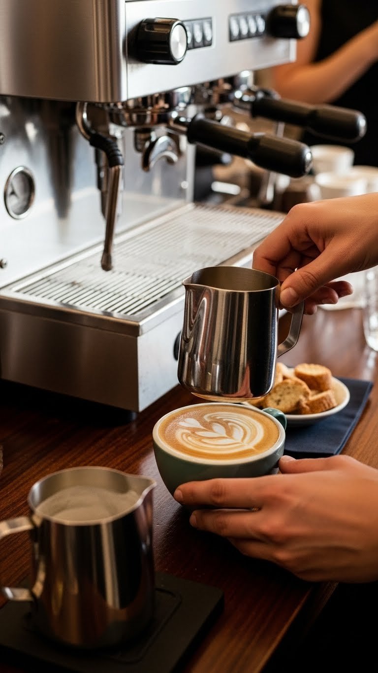 Sophisticated mobile espresso cart with barista crafting latte art and sleek espresso machine at graduation party