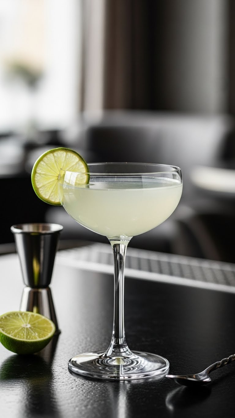 Sophisticated pale green Vodka Gimlet in chilled coupe glass with thin lime wheel garnish showing elegant simplicity