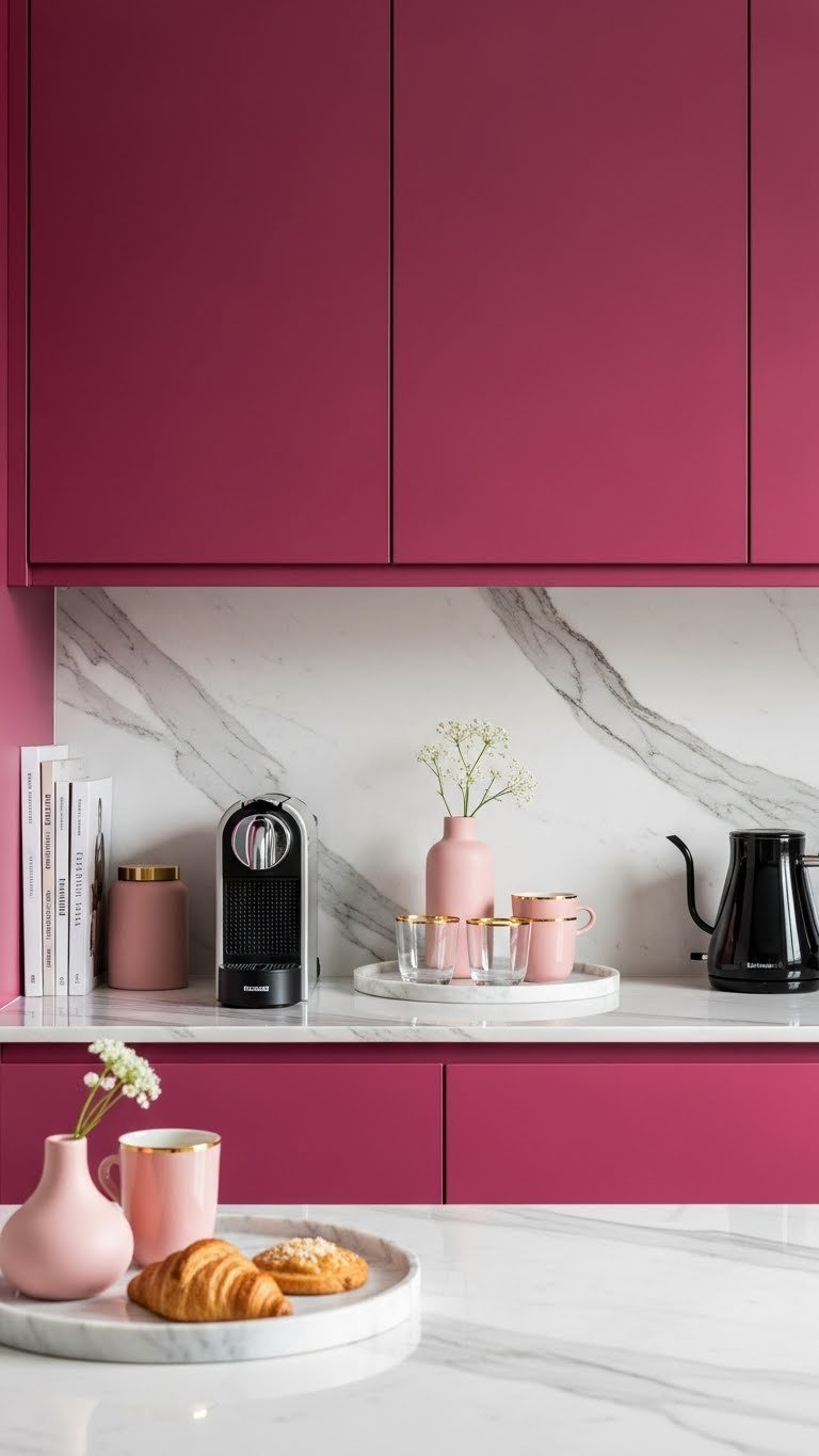 Sophisticated raspberry pink and marble coffee zone with black coffee maker and gold-rimmed glassware