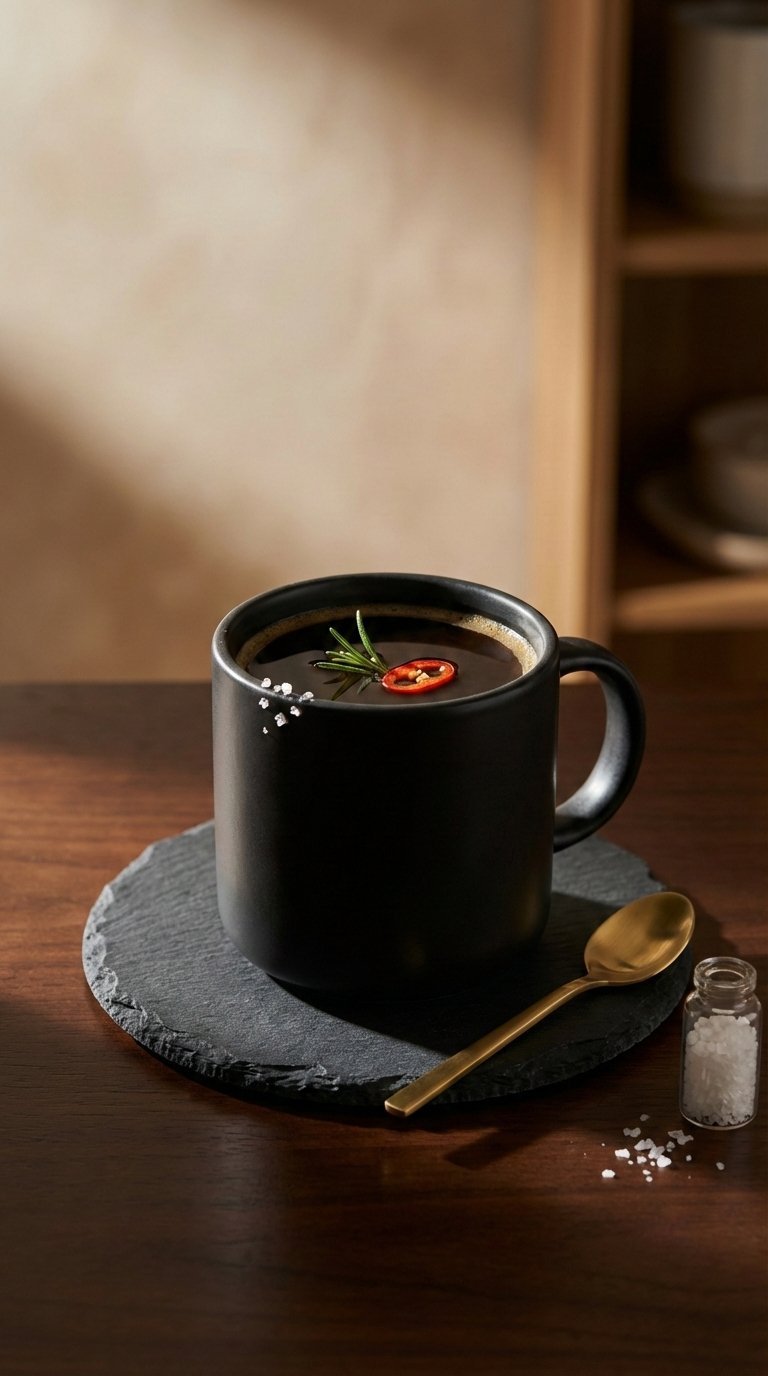 Sophisticated savory coffee drink with chili pepper garnish in minimalist dark mug