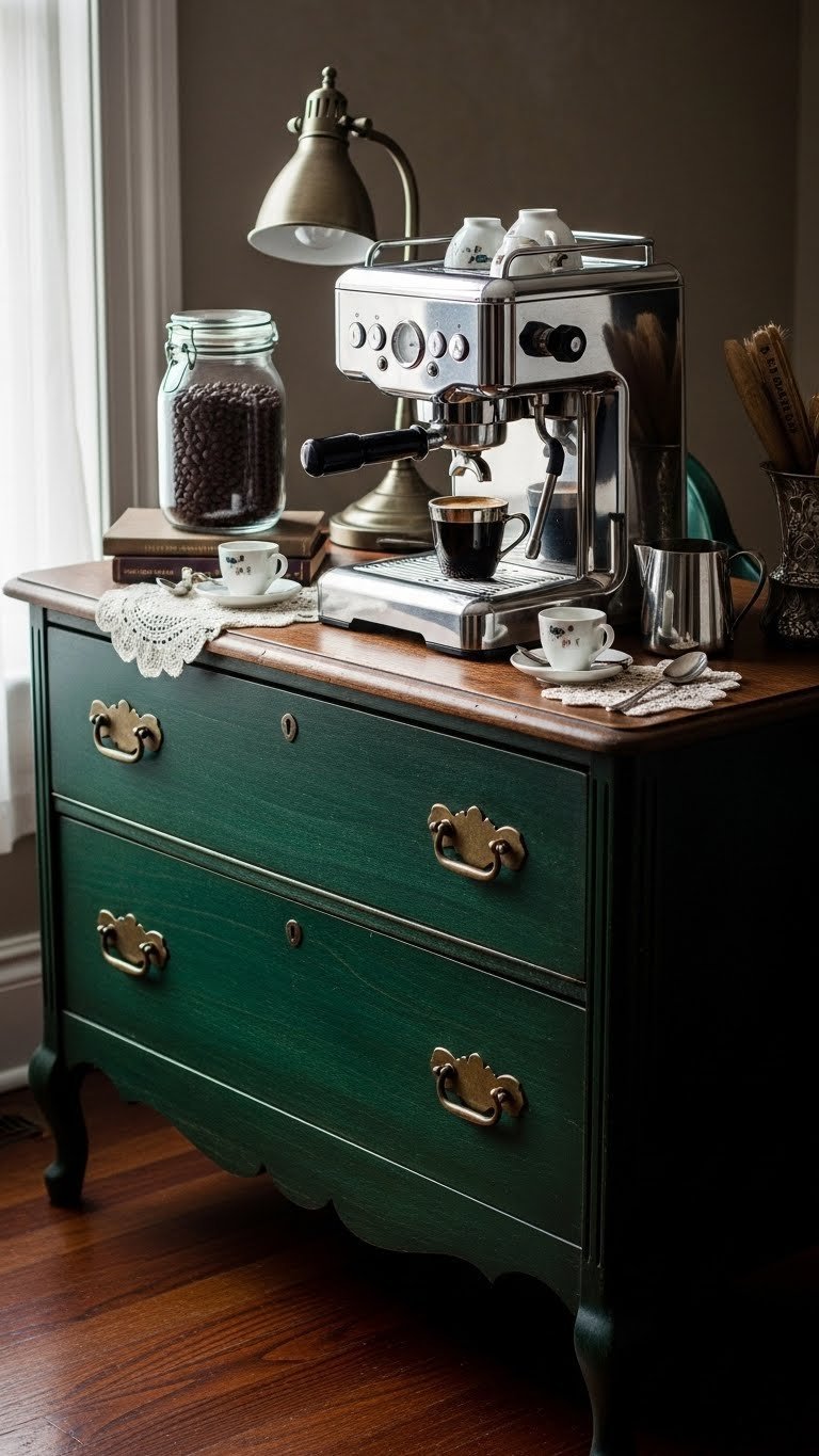 Sophisticated vintage-inspired espresso bar meticulously refurbished from antique dresser with retro chrome espresso machine
