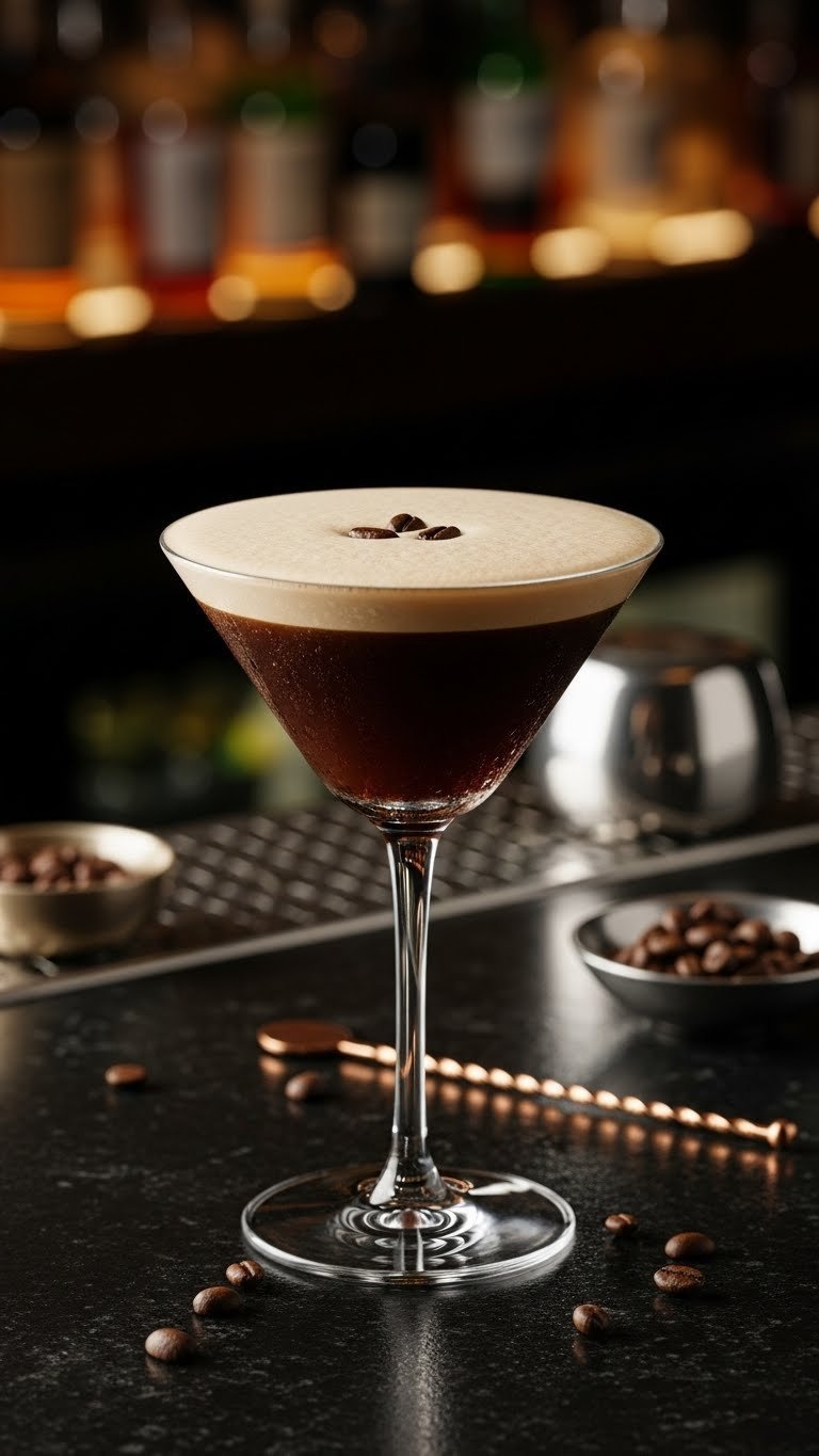 Sophisticated virgin espresso martini in chilled glass with dark coffee liquid and creamy foam topped with three coffee beans