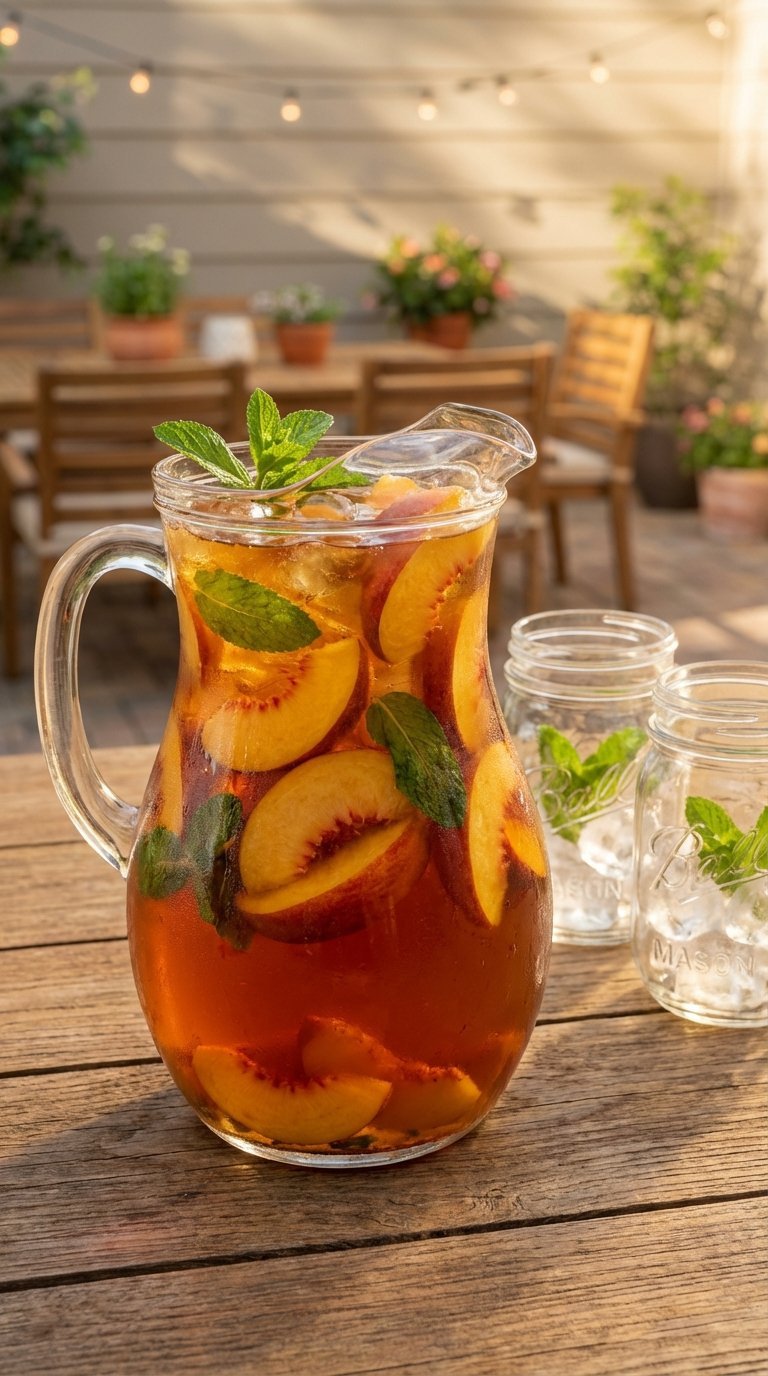 Ultimate BBQ Drink Ideas: 9 Proven Non-Alcoholic Recipes 3 Southern peach iced tea pitcher with floating peach slices and mint garnish on rustic wooden patio table