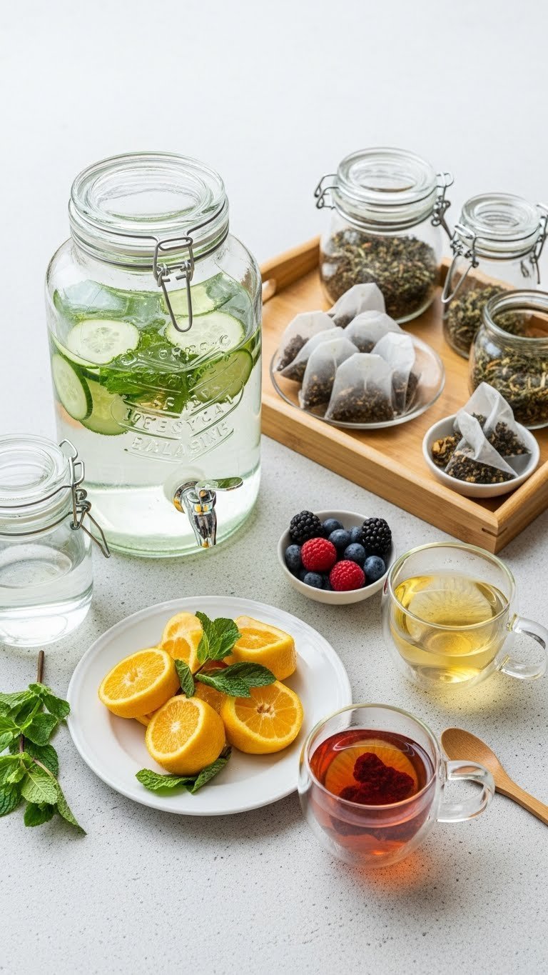 Spa-themed refreshment zone with fruit-infused water dispenser and herbal tea selection on natural stone surface.