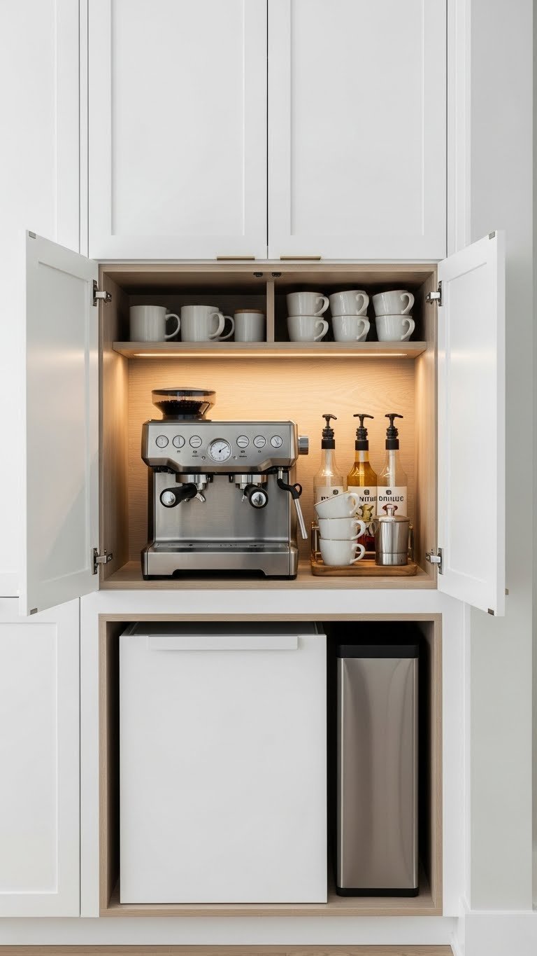 Space-saving built-in coffee nook with under-cabinet espresso machine, custom storage, and LED lighting in modern kitchen