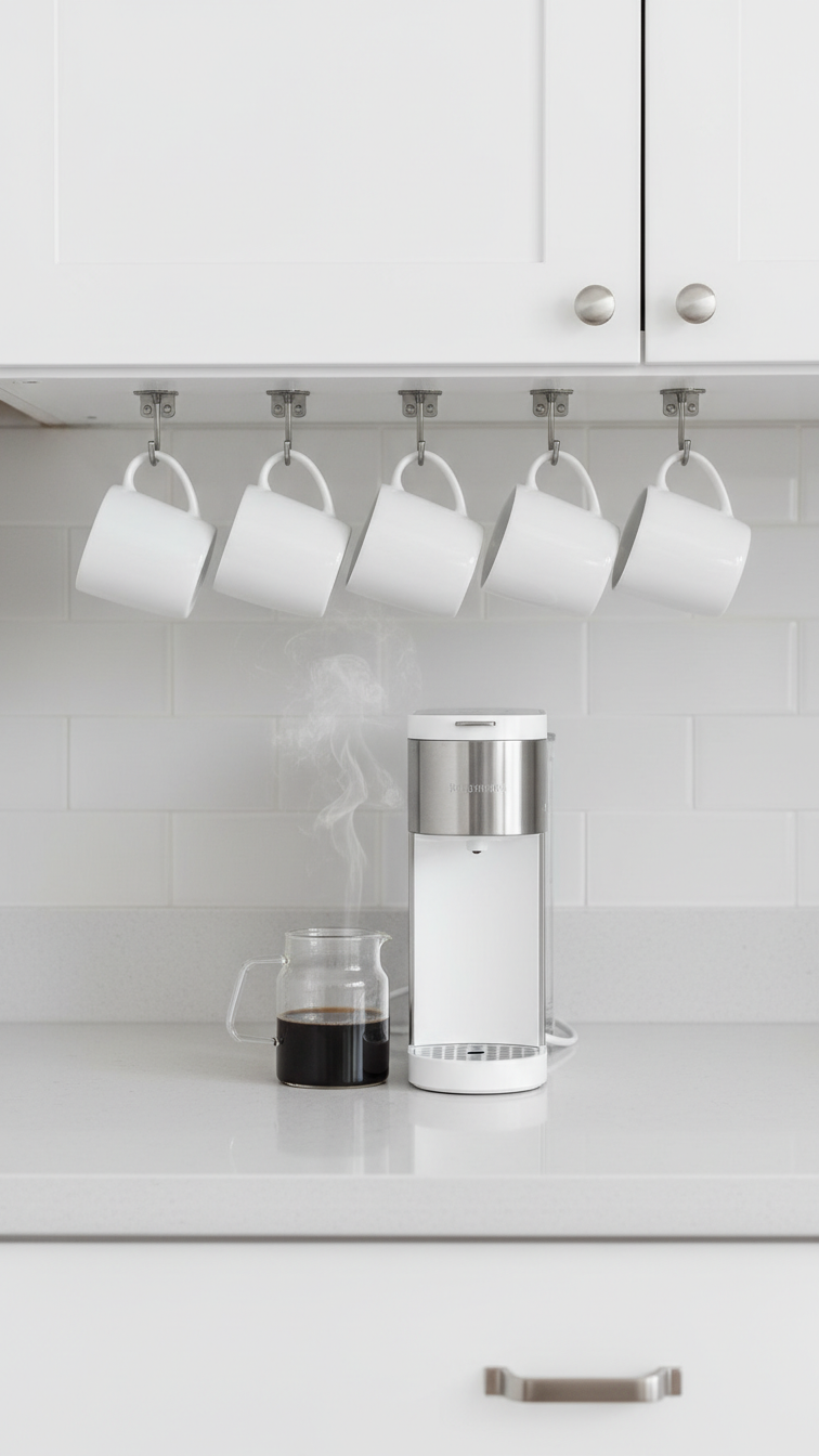 Space-saving coffee bar with white mugs hanging under cabinet above minimalist coffee maker