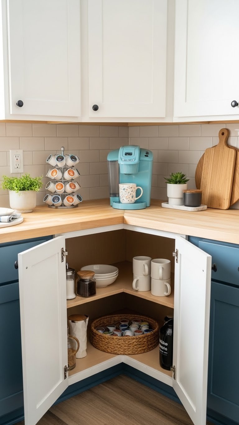 Space-saving corner coffee cabinet with compact coffee maker and mugs efficiently organized in specially designed corner base cabinet.