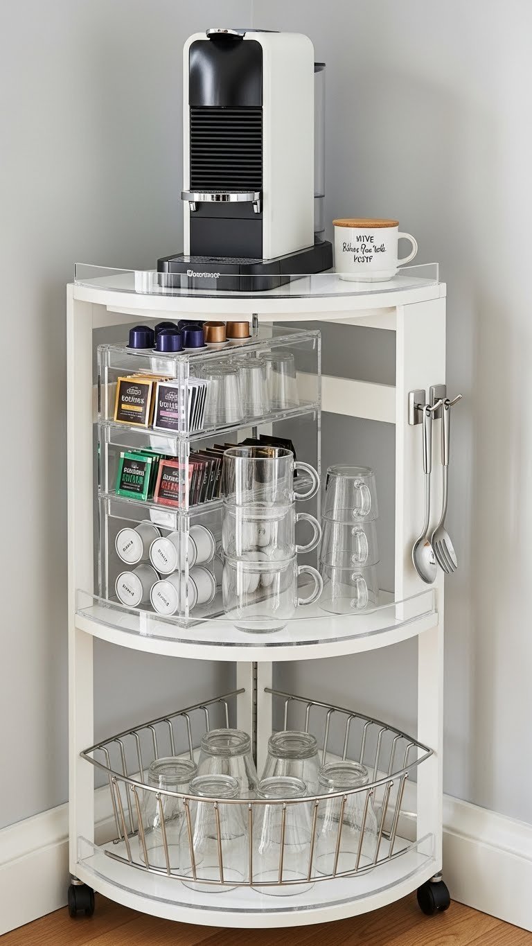 Space-saving corner coffee trolley with triangular design, slim coffee machine, clear acrylic organizers, and glass mugs.