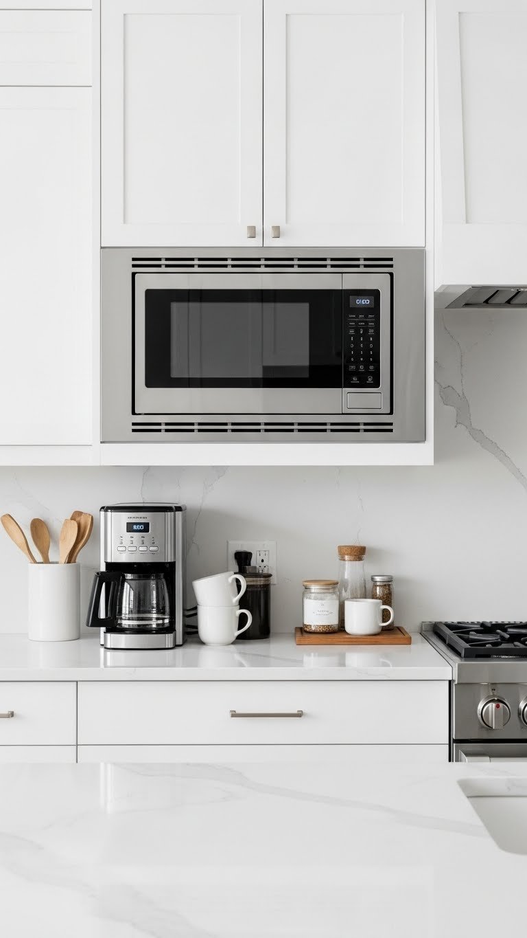 Space-saving under-cabinet microwave coffee bar with seamless integration above modern coffee maker station
