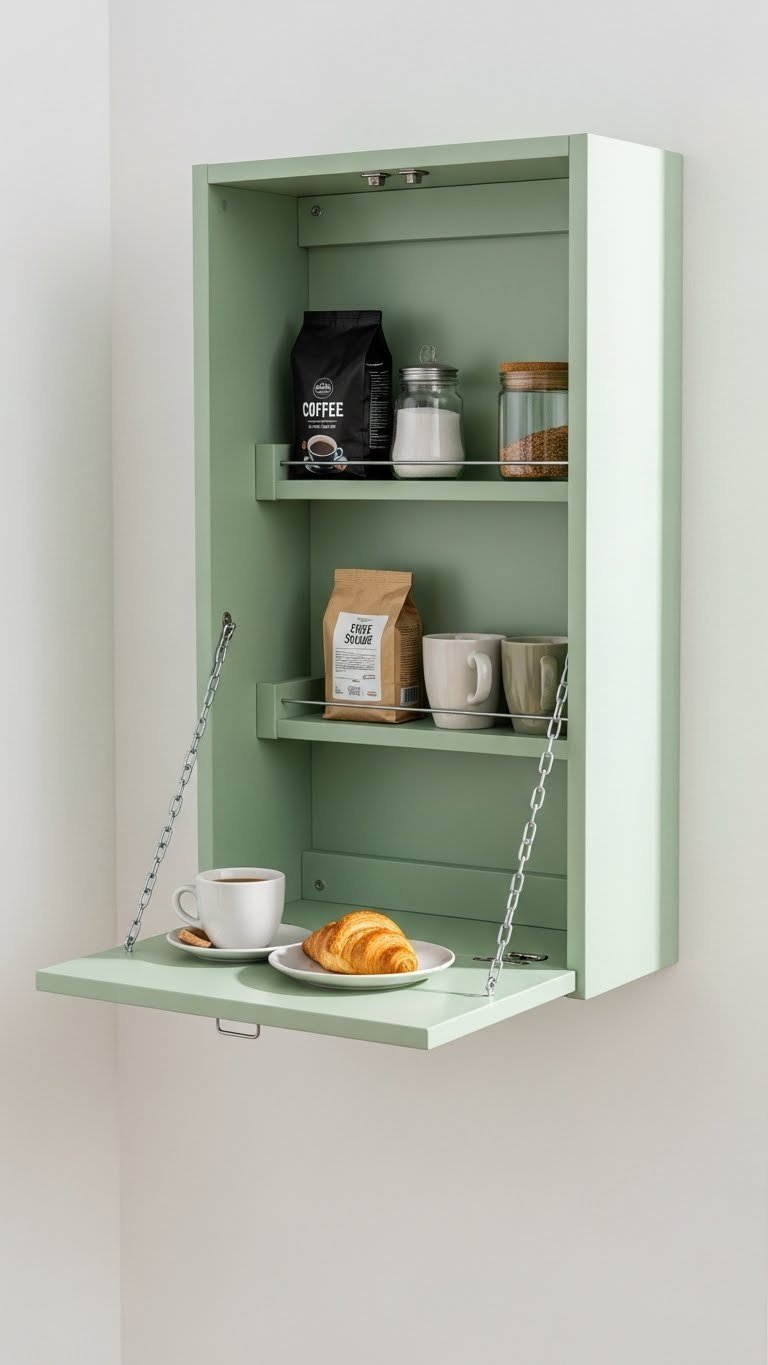 Space-saving wall-mounted cabinet with fold-down countertop holding coffee cup and croissant on sage green surface