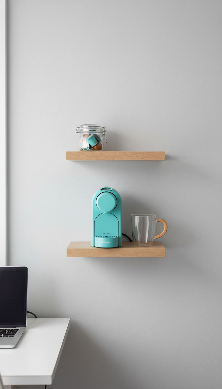 Space-saving wall-mounted coffee bar with compact pod machine on floating wooden shelf for tiny apartment setup.