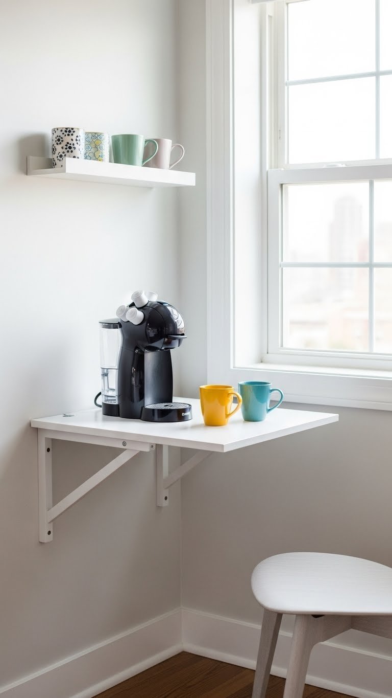 Space-saving wall-mounted coffee station with drop-leaf table, compact pod coffee maker, and colorful mugs.
