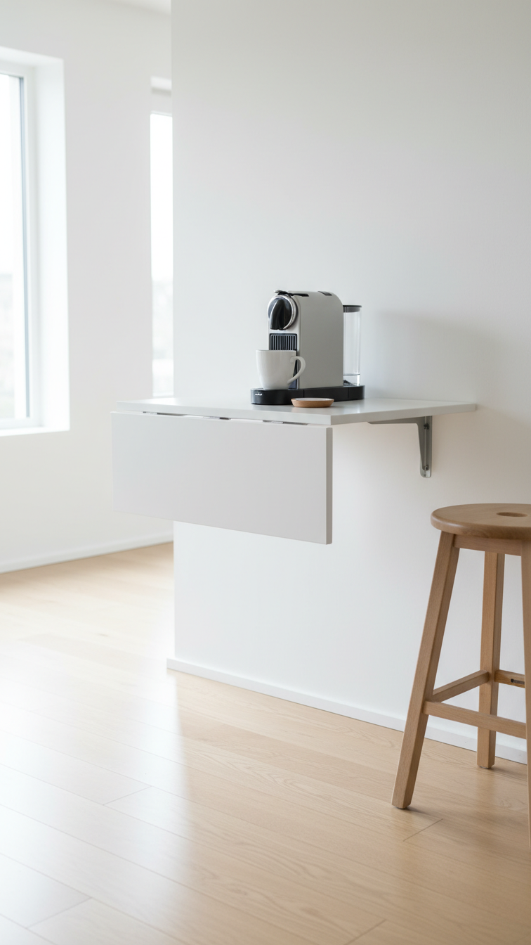 Space-saving wall-mounted drop-leaf coffee table with single-serve machine in minimalist kitchen setup
