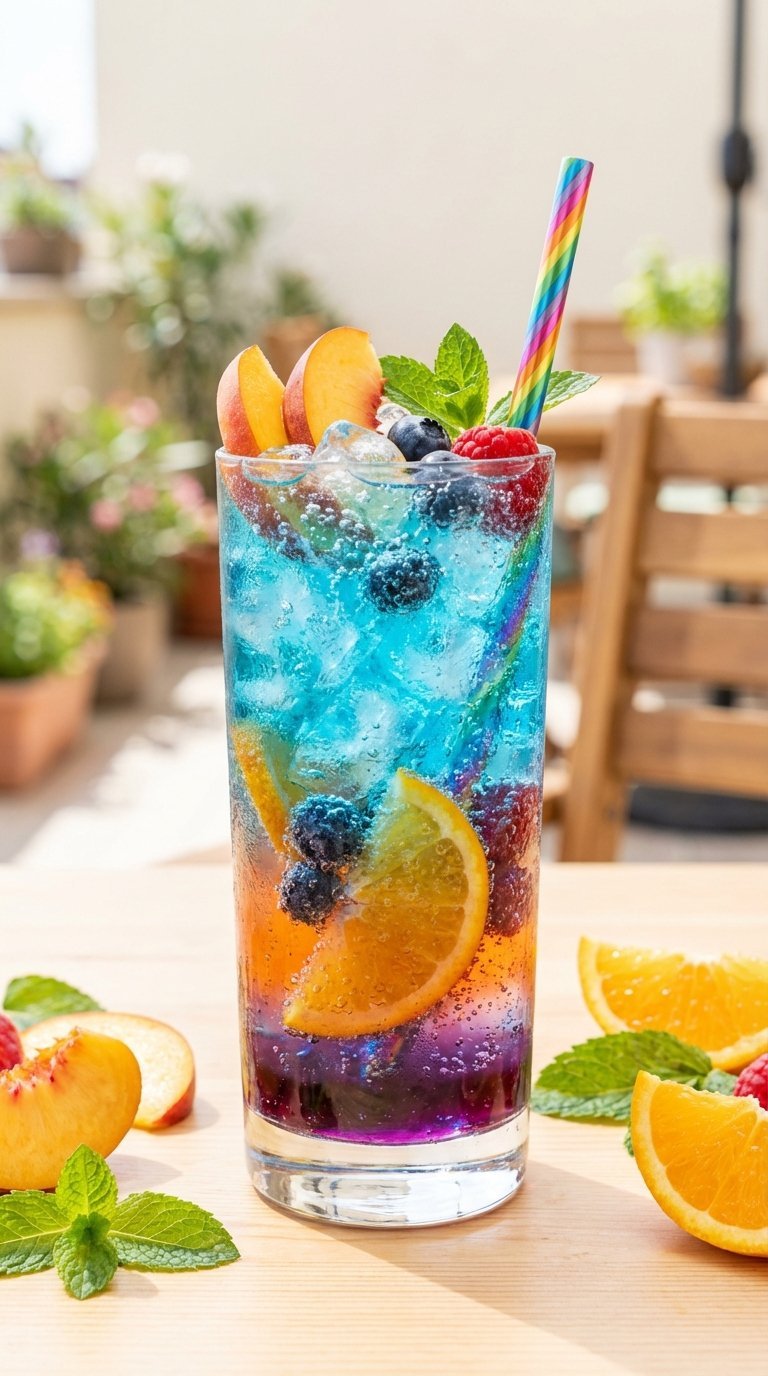 Sparkling Fruity Fizz Explosion drink with blue, orange, purple layers and fruit slices on wooden table