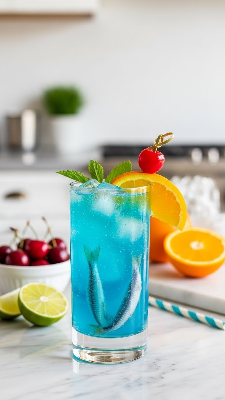 Sparkling blue lagoon mocktail in highball glass with Swedish fish, orange slice, and maraschino cherry garnish on marble surface.