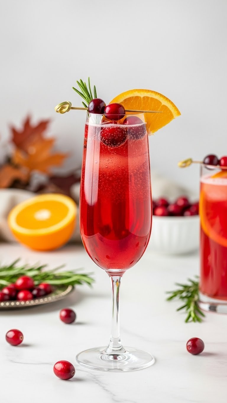 Sparkling cranberry orange mocktail in elegant flute glass with fresh fruit garnishes on white marble
