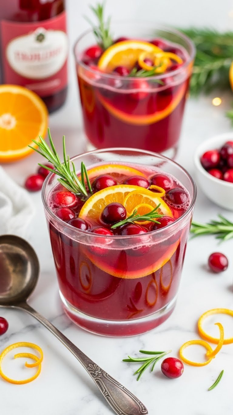 Sparkling cranberry orange punch in elegant glass bowl with floating orange slices, fresh cranberries, and rosemary sprigs on white marble countertop