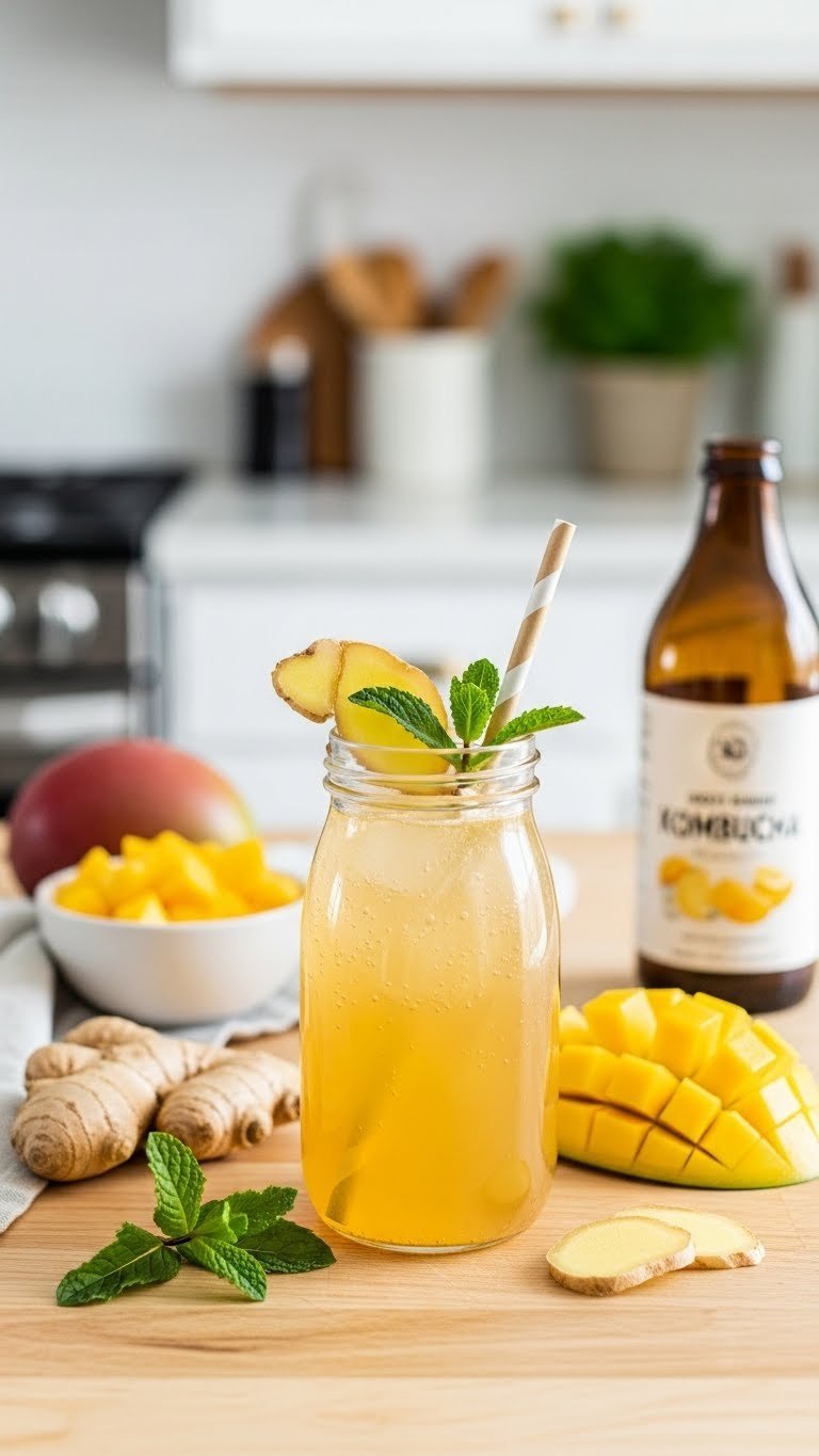 Sparkling ginger mango kombucha refresher in clear glass bottle with ginger slice and mint sprig garnish