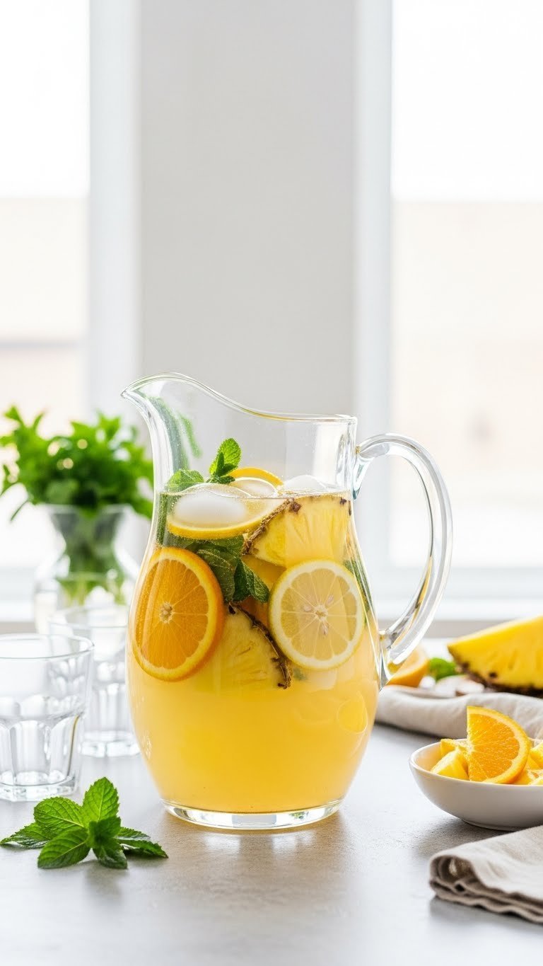 Sparkling non-alcoholic pineapple punch in clear pitcher with orange, lemon slices and mint leaves on light table