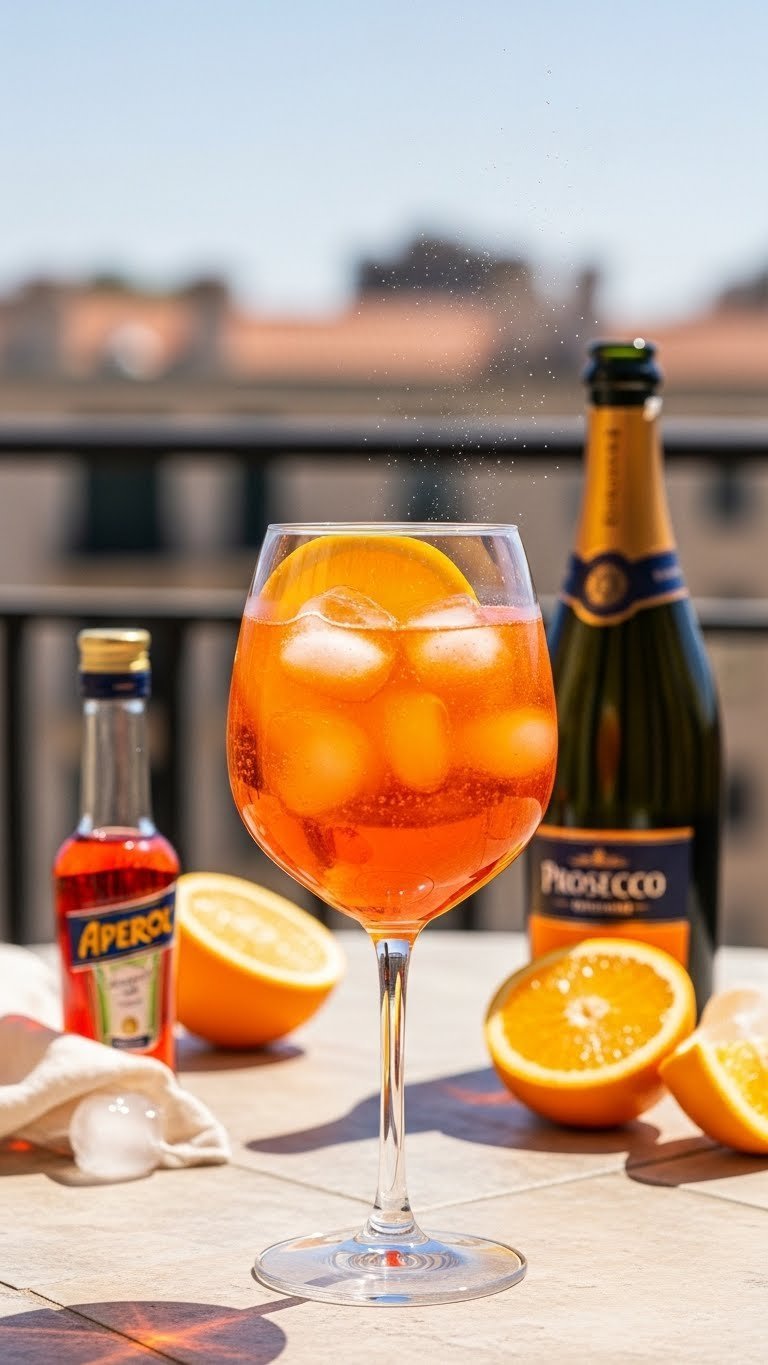Sparkling orange aperol spritz cocktail with fresh orange slice and prosecco bubbles on light patio table