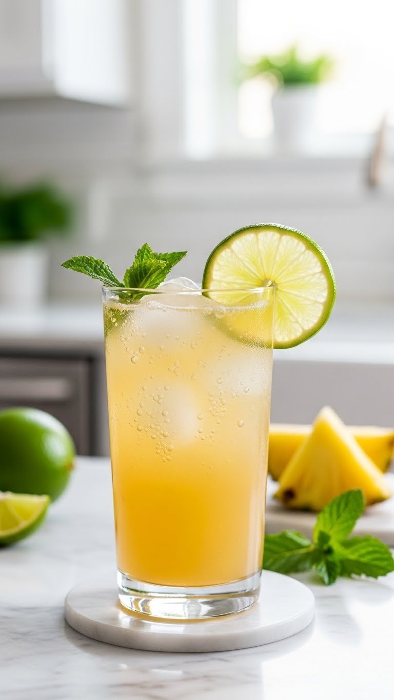 Sparkling pineapple ginger ale mocktail in highball glass with lime wheel and mint garnish on marble countertop