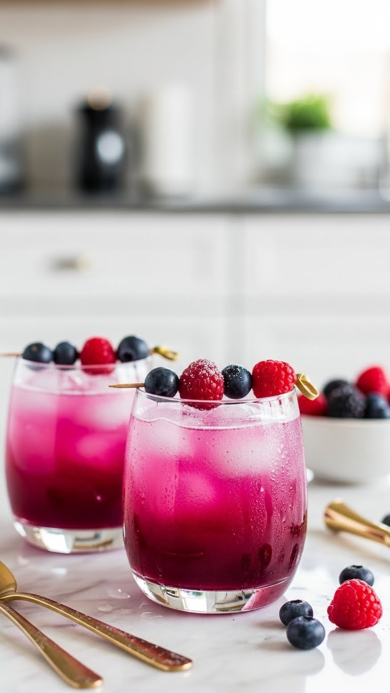 Sparkling pink and purple unicorn berry punch in elegant glass tumblers garnished with fresh berries and edible glitter.