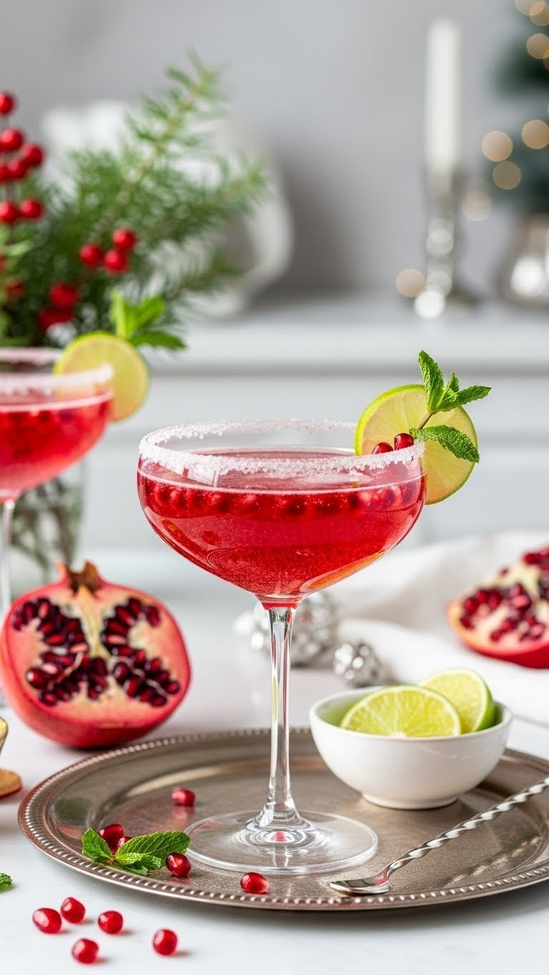 Sparkling pomegranate kiss mocktail in elegant flute with sugar rim and fresh mint garnish