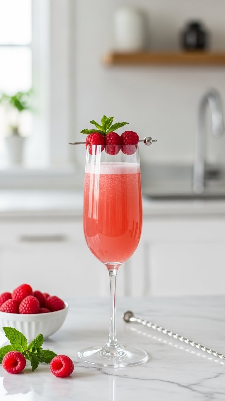 Sparkling raspberry rosé cocktail in champagne flute with fresh raspberries and mint garnish on marble countertop