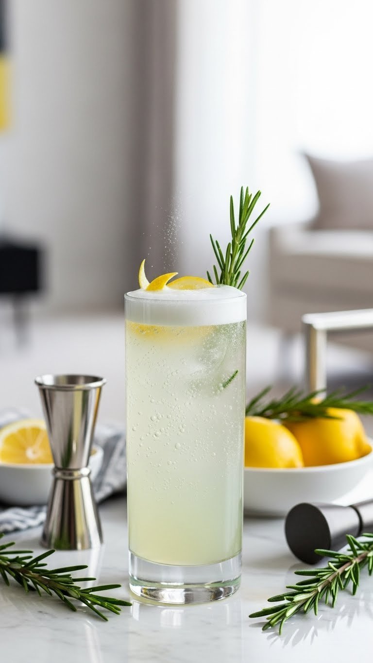 Sparkling rosemary gin fizz in tall highball glass with fresh rosemary sprig and lemon peel garnish