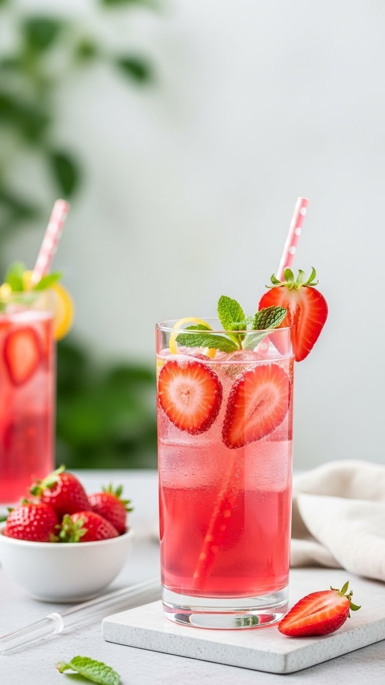 Sparkling strawberry spritzer with effervescent bubbles and strawberry garnish on light stone surface