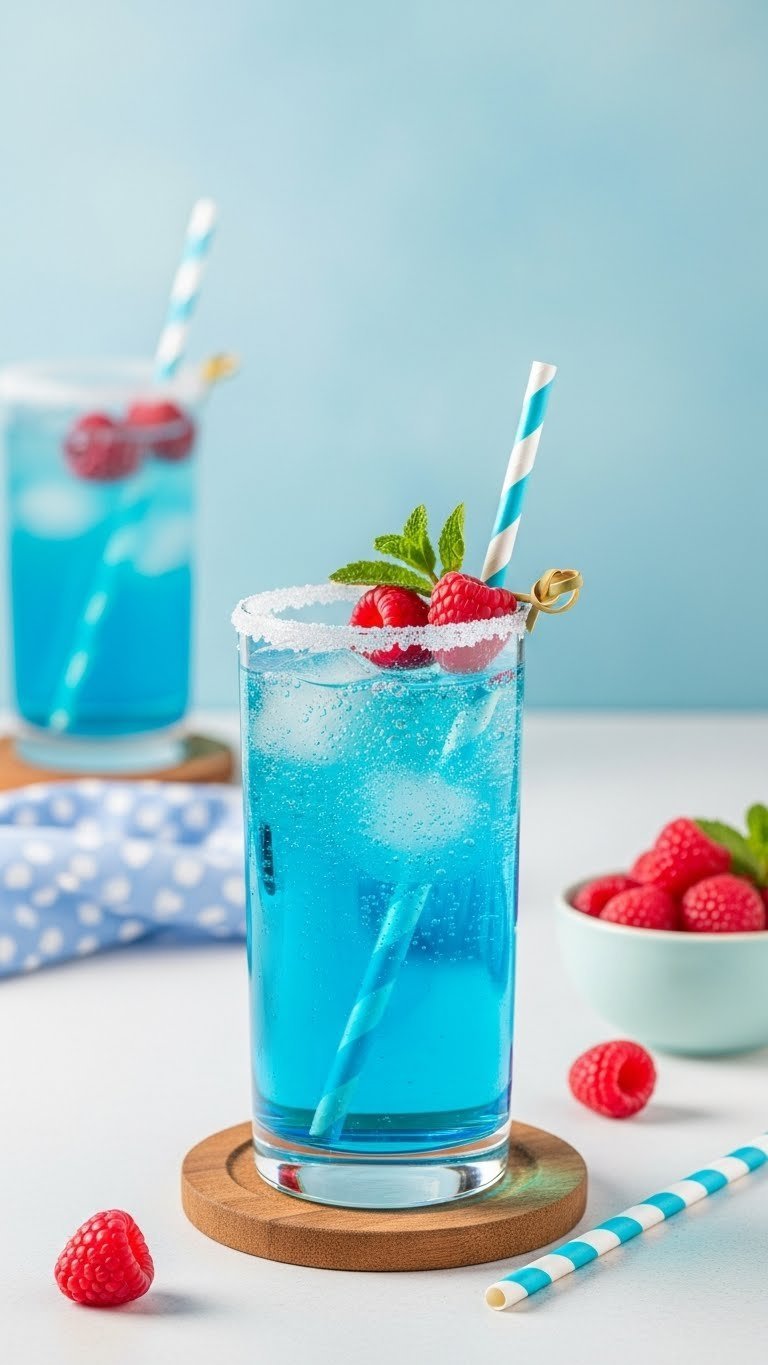 Sparkling unicorn blue raspberry fizz in a tall glass with rising bubbles and fresh raspberries.
