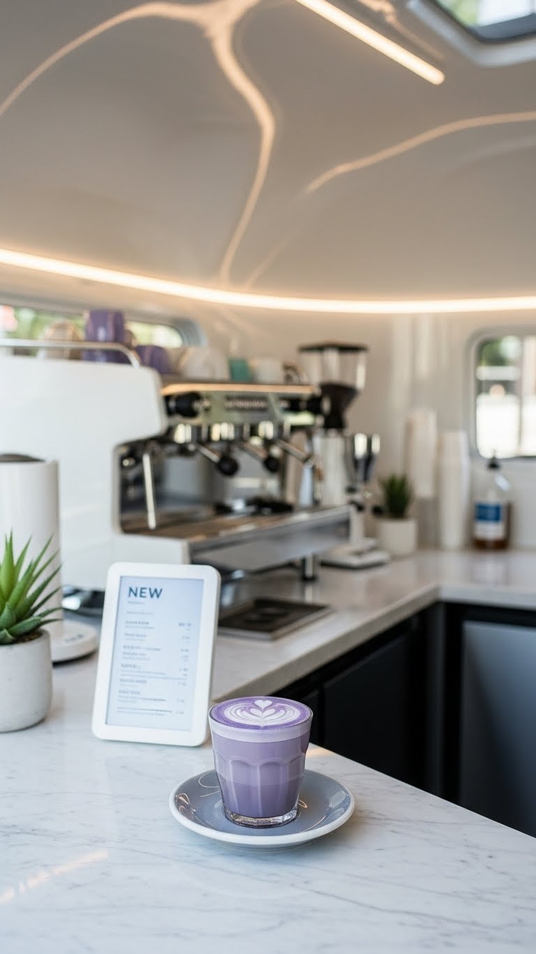 Specialty lavender latte with intricate art on marble counter inside modern coffee trailer