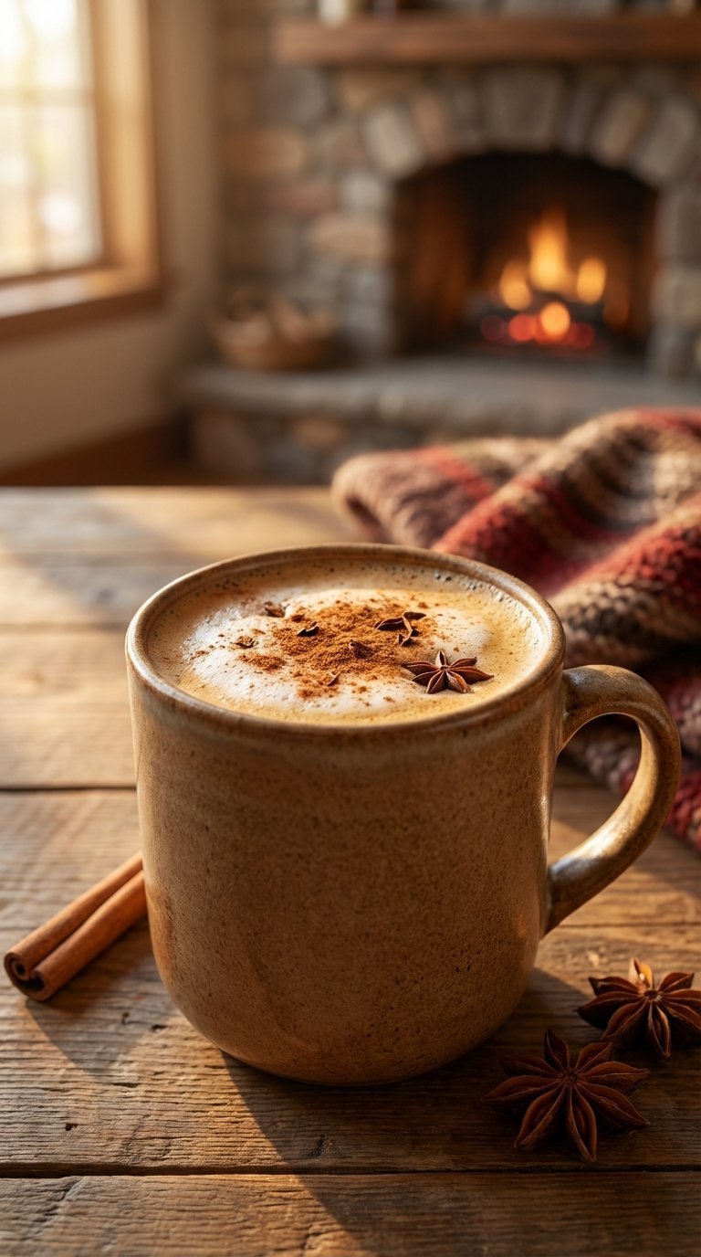 Spiced Chai Bliss latte in ceramic mug with cinnamon dusting on rustic wooden table