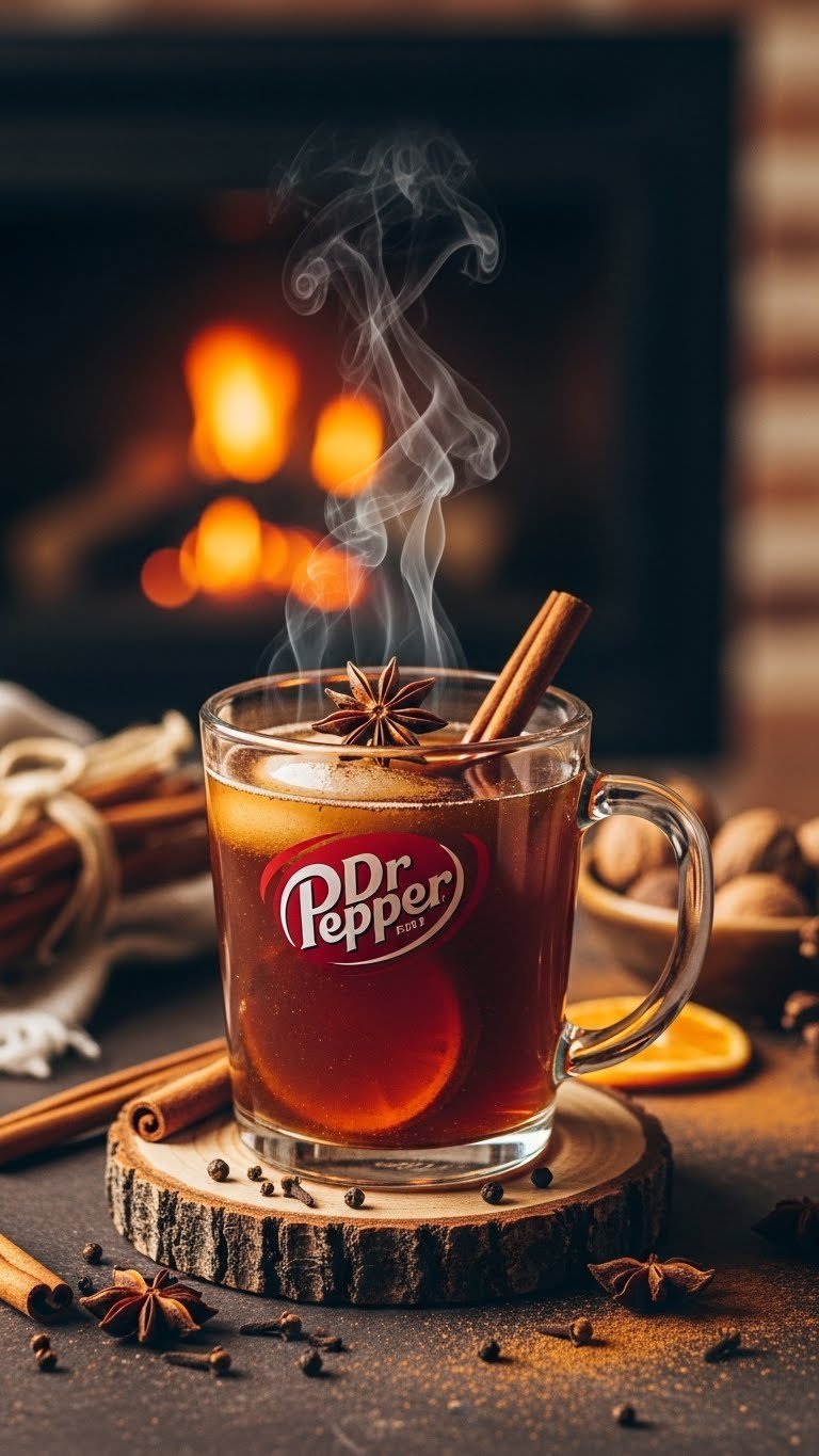 Spiced Dr Pepper mocktail with cinnamon stick and star anise garnish steaming in glass mug on dark table