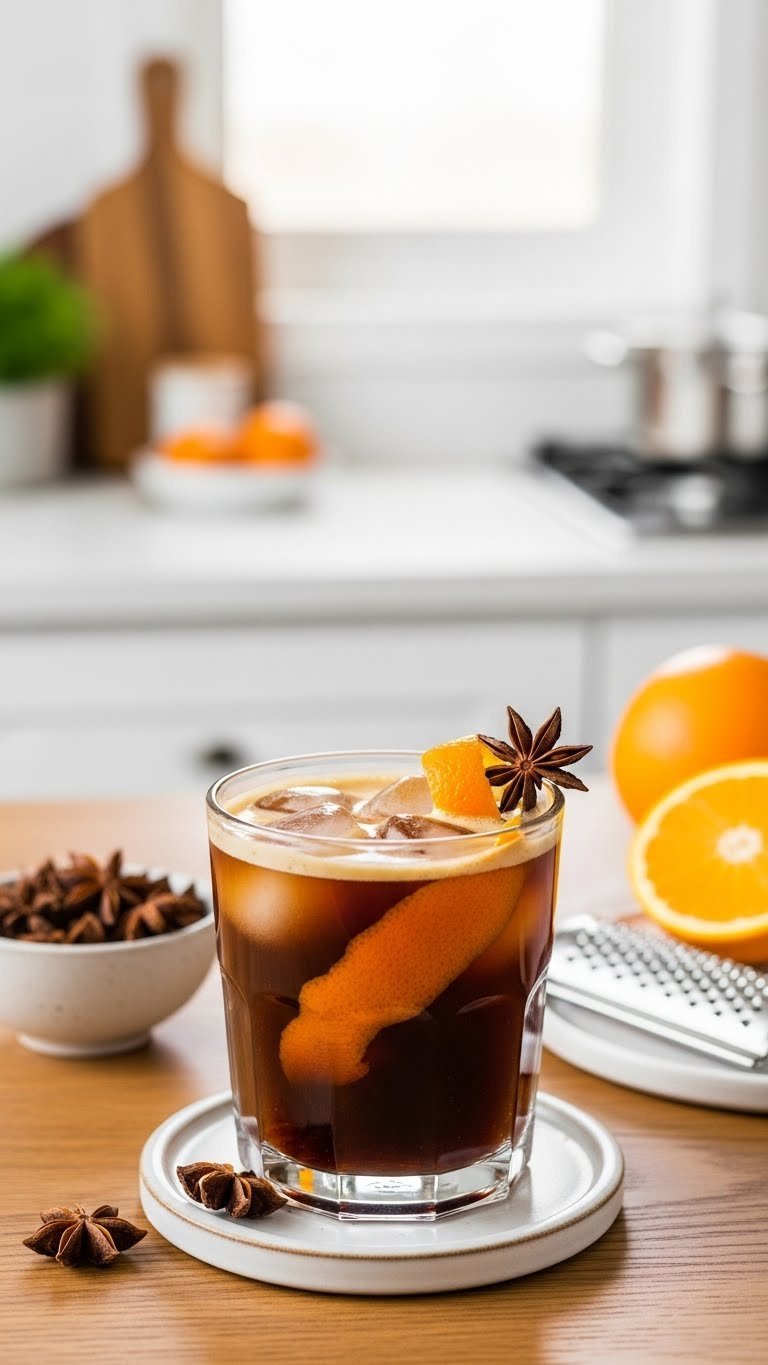 Spiced Orange Cold Brew with orange streaks, cream, orange peel, and star anise on a minimalist table in bright daylight.