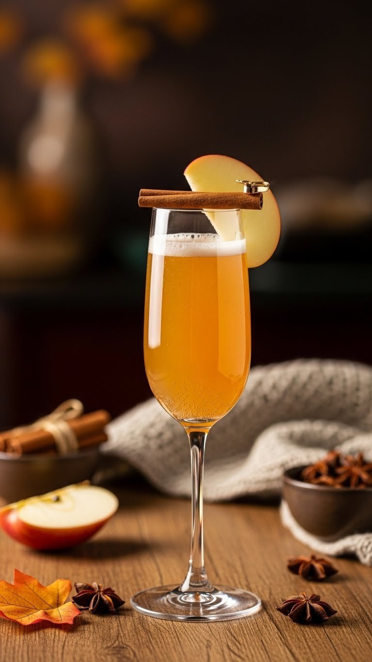 Spiced apple cider mimosa with cinnamon stick and apple slice garnish in champagne flute