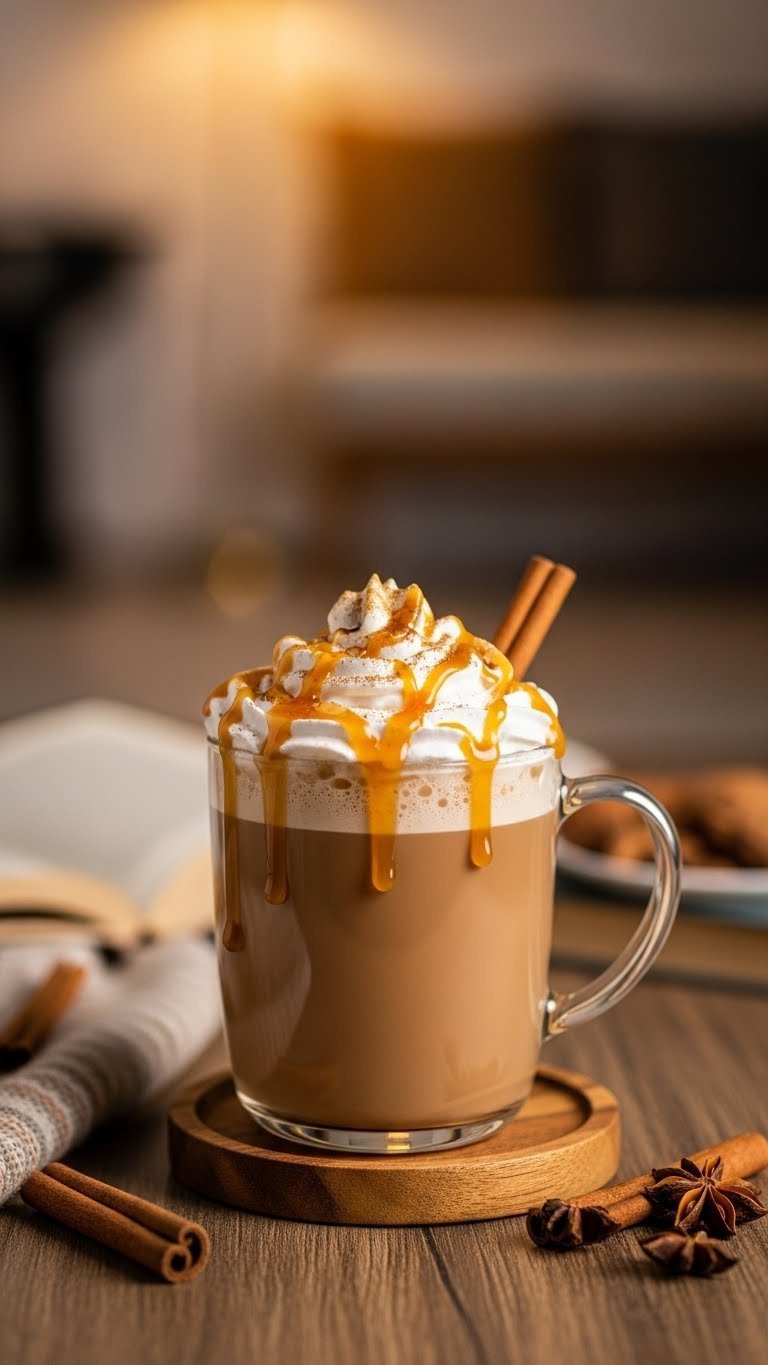 Spiced butterscotch delight coffee in a ceramic mug with whipped cream, butterscotch drizzle, and cinnamon on a wooden coaster.