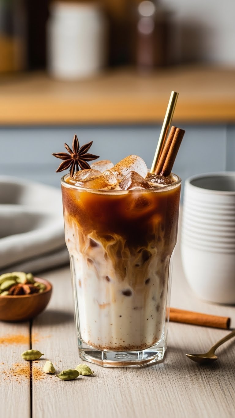 Spiced chai iced coffee fusion with aromatic spices and cinnamon stick on rustic wooden table.