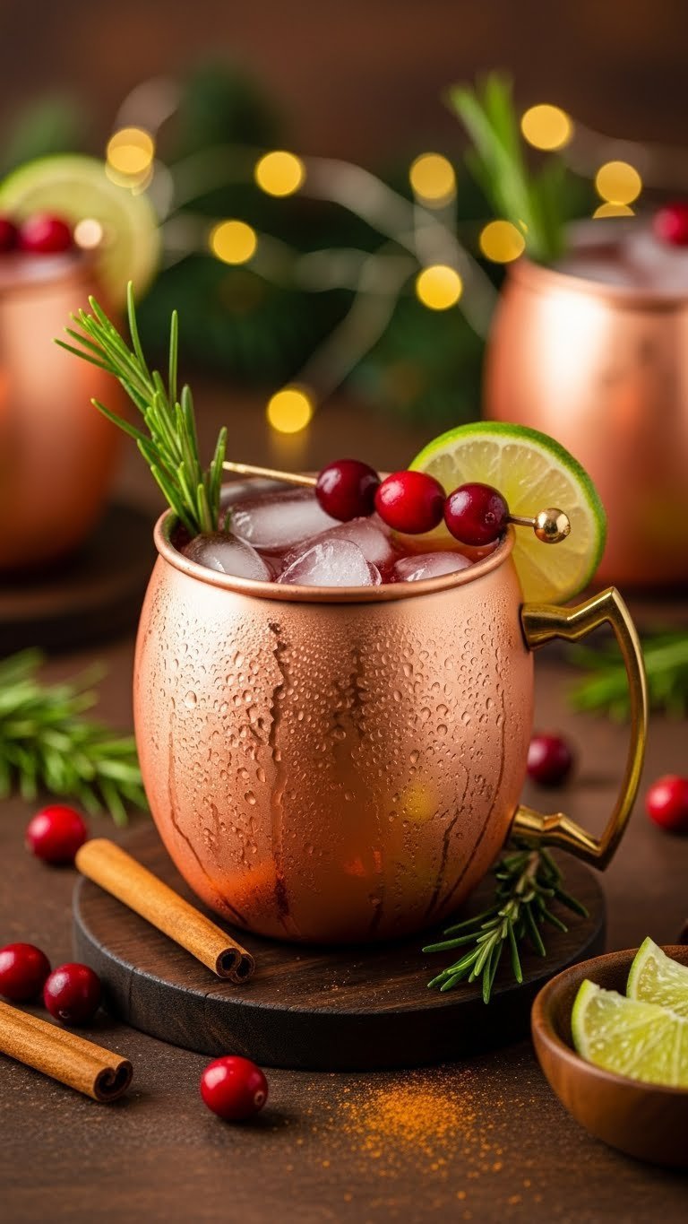 Spiced cranberry mule cocktail served in copper mug with rosemary garnish and fresh cranberries on holiday table