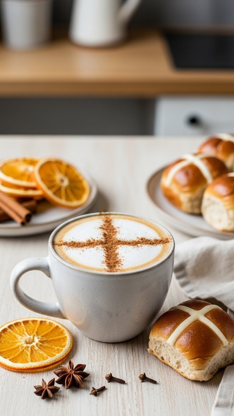 Spiced hot cross bun latte in cozy ceramic mug with cinnamon cross pattern and baked bun on rustic wooden table